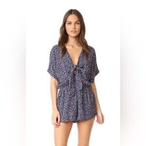 Rails Minka Tie Front V Neck Short Sleeve Mini Romper Blue/Pink Floral - Large